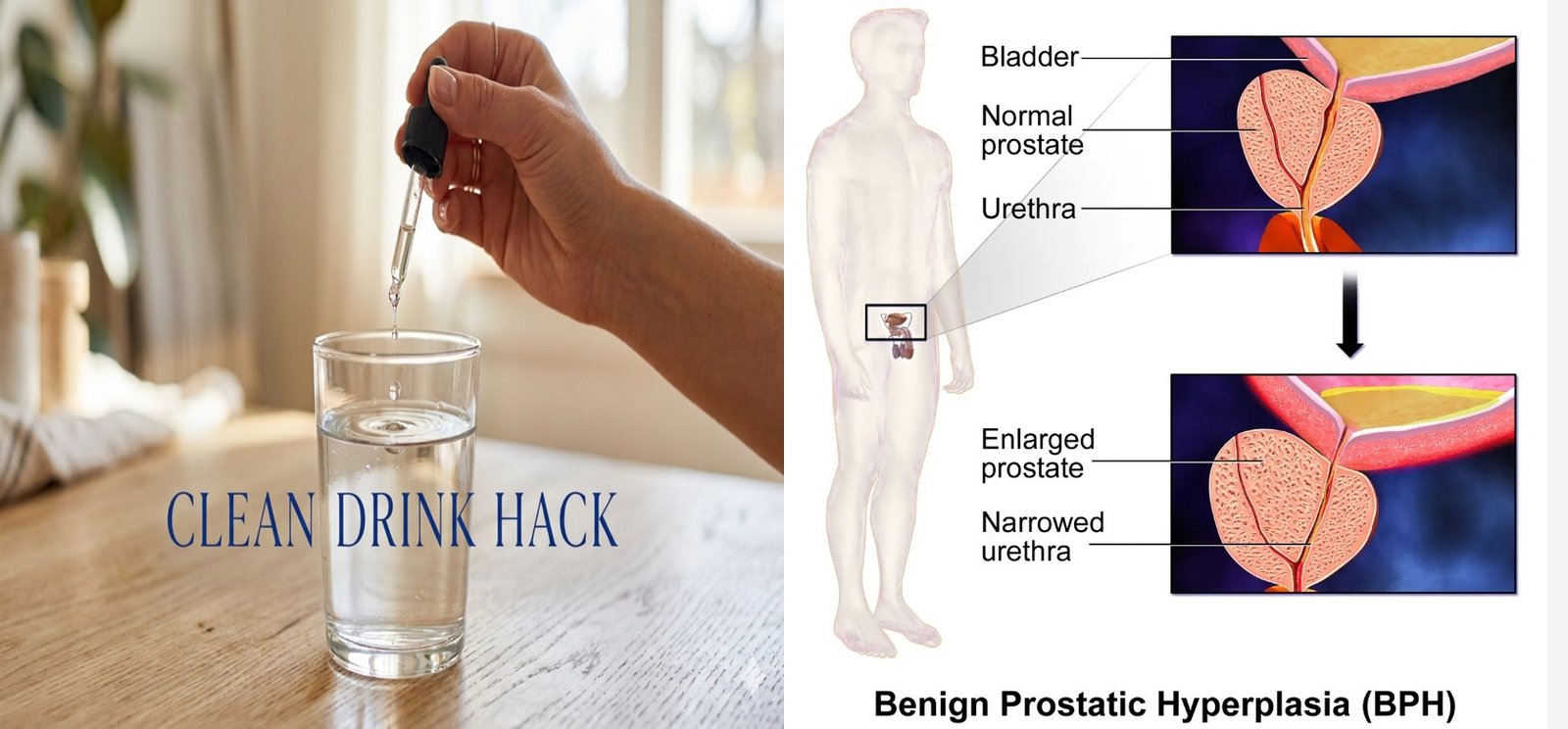 Clean Drink Hack — BPH Prostate Diagram showing normal vs enlarged prostate