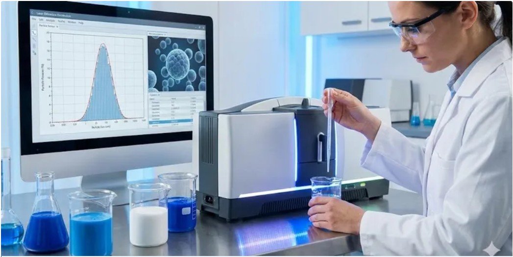 Laboratory researcher analyzing mineral particle composition in water samples